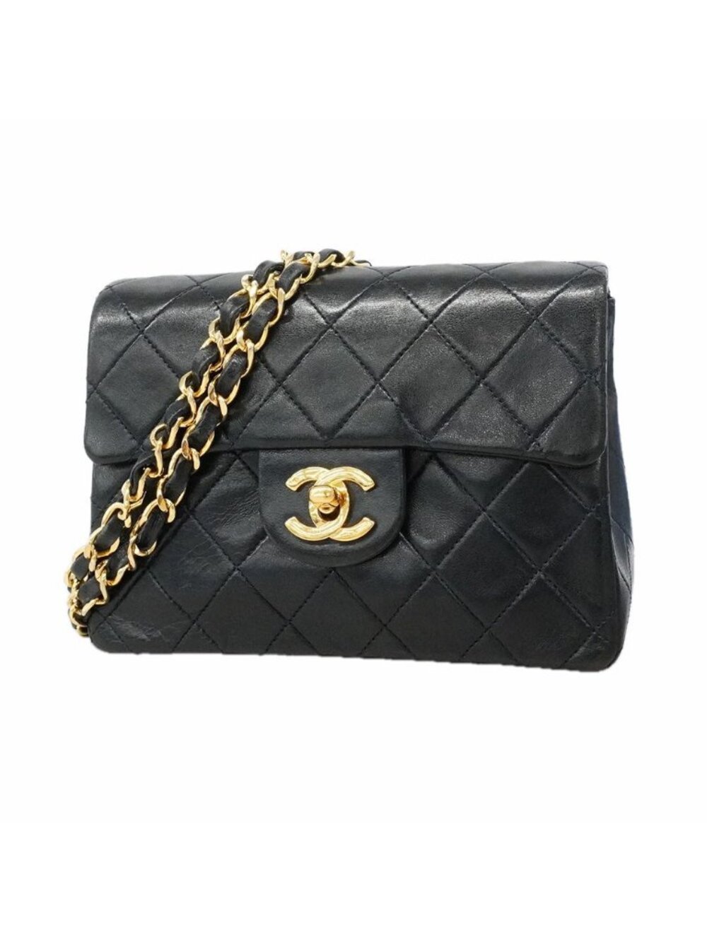 Chanel Shoulder Bag Mini Quilted Lambskin Black Gold